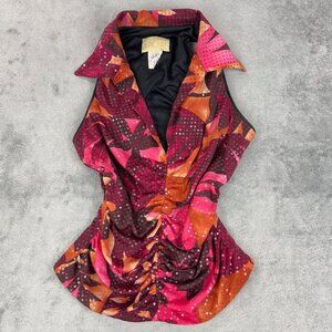 Vintage Cache Sequins Paillettes Ruched Floral Top Y2K Sleeveless Collared USA